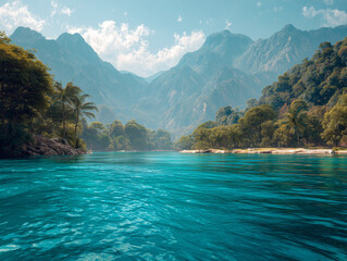 Serene tropical river flowing through lush green mountains with clear blue water and palm trees