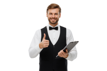 Smiling man in formal attire holding clipboard giving thumbs up isolated on a transparent background