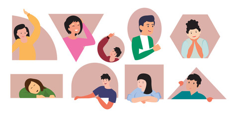 people neighbor happy smiling positive man woman neighbor set people neighbor different shaped frame stay home keep social human communication
