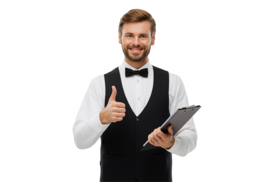 Smiling man in formal attire holding clipboard giving thumbs up isolated on a transparent background