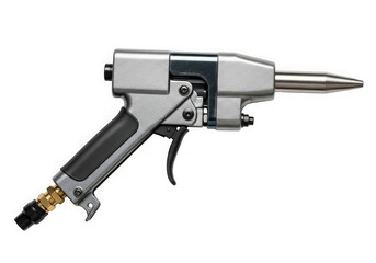 A silver pneumatic gun with a black handle isolated on transparent background