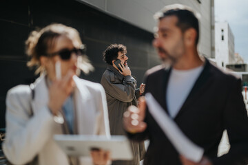A group of business people communicating outdoors, with one person talking on a cellphone and others conversing.