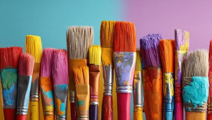 A vibrant array of paintbrushes, varying in size, shape, and color, stand closely together against a teal and pink backdrop, showcasing colorful paint residue on their bristles and handles