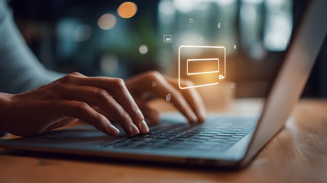 Close-up of person typing on laptop with pop-up ad mockup on the screen.
Concept : Digital marketing, online advertising, user interaction, web promotion, internet marketing. - Powered by Adobe