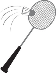 A simple graphic icon of a badminton racket hitting a shuttlecock, illustrating a dynamic sport and recreational activity.