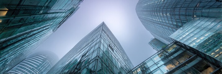 Low-angle view of modern glass skyscrapers piercing a hazy sky, showcasing architectural details and reflecting light