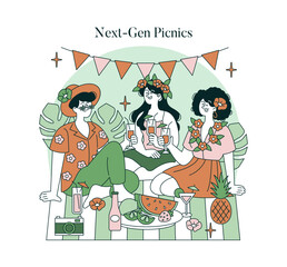 Group Enjoys Outdoor Picnic Vector Illustration