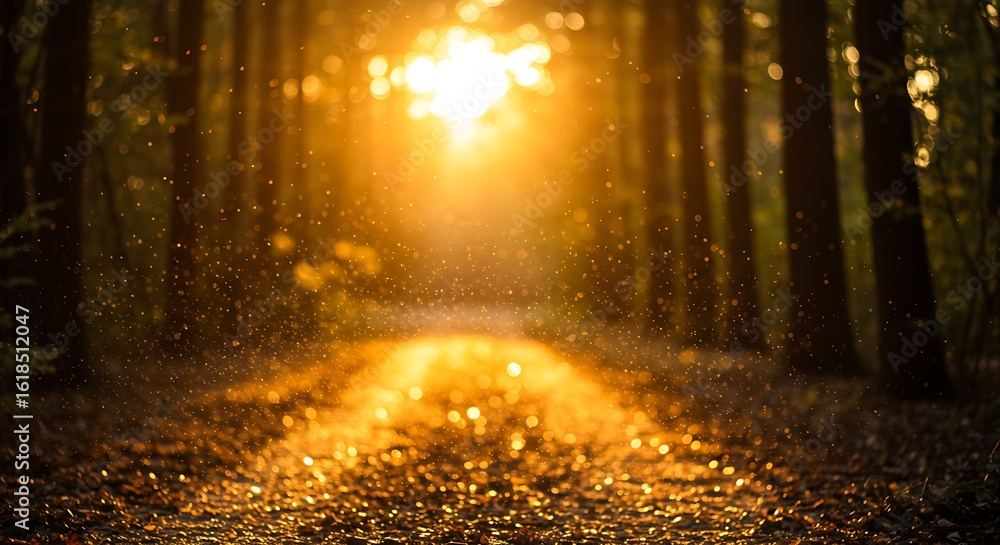Poster sunbeams illuminate a forest path with falling particles