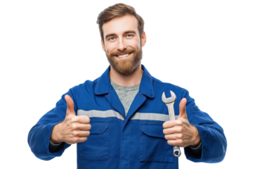 Smiling mechanic in blue uniform holding wrench and giving thumbs up isolated on a transparent background