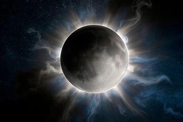 Total solar eclipse, the moon completely blocking out the sunlight.