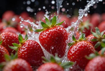 Freshly Washed Strawberries with Water Splashing