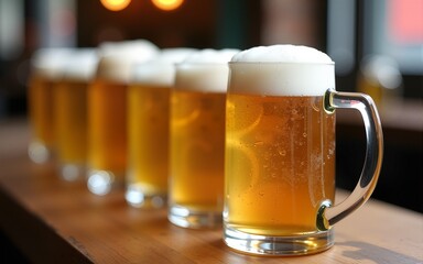 Row of mugs with cold fresh golden beer on wooden table on blurred background. Craft beer on glasses Oktoberfest, international beer day and St. Patrick's day celebration in a pub or bar. Copy space
