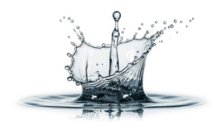 Water splash with droplets creating a crown shape, isolated on a white background, showcasing fluid motion