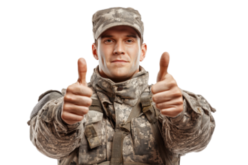 Soldier in camouflage uniform giving two thumbs up gesture isolated on a transparent background military