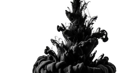 Black ink swirling and rising dramatically against a white background, creating an abstract art effect