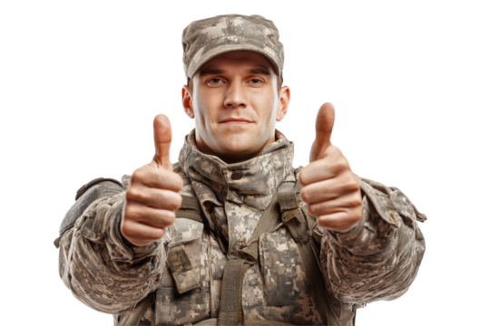 Soldier in camouflage uniform giving two thumbs up gesture isolated on a transparent background military