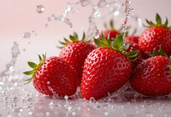 Freshly Washed Strawberries with Water Splashing