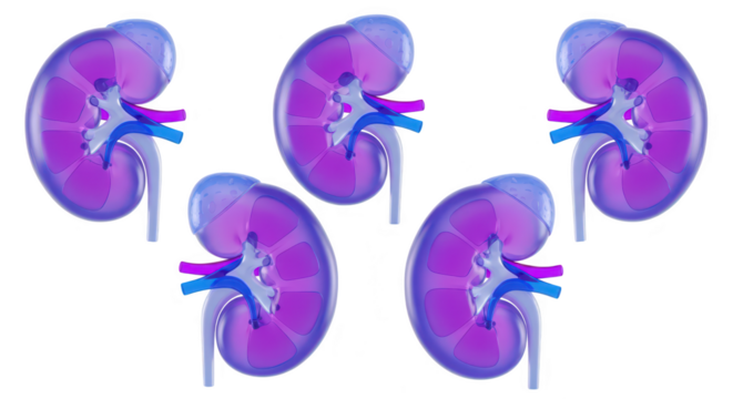 Five stylized purple kidneys isolated on white showcasing medical anatomical structure for educational or scientific usage