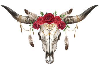 Boho bull skull with roses and feathers isolated on transparent background