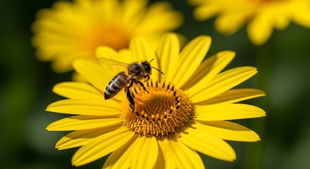 Bee Collecting Nectar on Bright Yellow Flower in Natural Garden Scene
