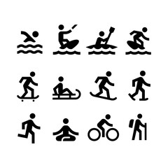 Collection of black and white sport icons representing various outdoor activities. Includes swimming, kayaking, surfing, skiing, biking, and other leisure pursuits.