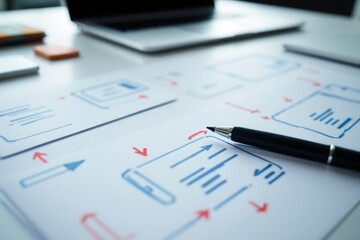 User interface design wireframes and a pen on a desk with a laptop