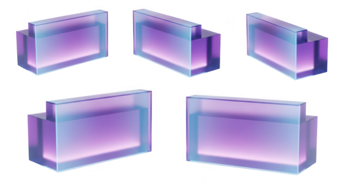 Colorful geometric acrylic blocks in multiple perspectives reflecting light against a white background suitable for abstract art or design elements
