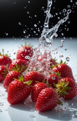 Freshly Washed Strawberries with Water Splashing
