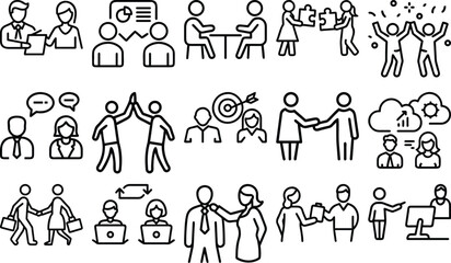 Vector art of collection of business icons depicting teamwork, meetings, and success