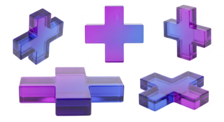 3D rendered translucent plus signs displayed in different angles on a white background symbolizing addition and math