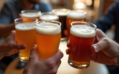 A group of friends raising their glasses in a toast, enjoying a variety of craft beers from around the world in celebration of International Beer Day.. High quality