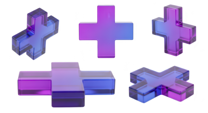 3D rendered translucent plus signs displayed in different angles on a white background symbolizing addition and math