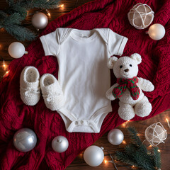 White bodysuit, teddy bear and Christmas decorations on a wooden background