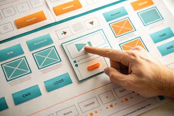 Designer s hand interacting with a digital user interface wireframe prototype on a desk