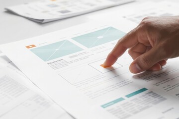 Close up of a finger pointing at a document with charts and text