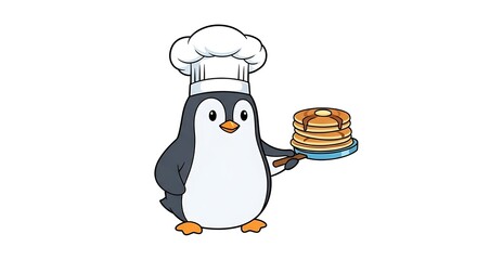 Fototapeta premium A cartoon penguin chef holding a stack of pancakes with syrup on a white background illustration