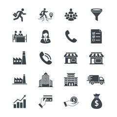 Vector illustration of business and finance icons representing various aspects of commerce and management