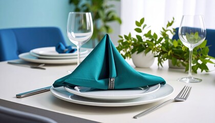Teal Napkin Folded At Dining Table Setting