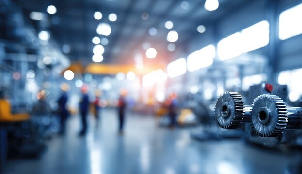 Industrial factory interior with blurred workers and machinery