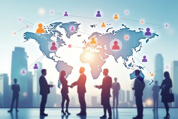 Global business connections and partnerships illustrated with a world map and silhouetted professionals