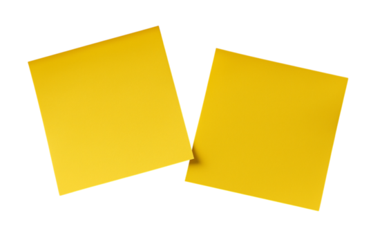 Two yellow sticky notes isolated on a transparent background in PNG format.