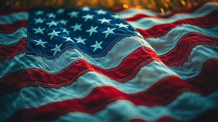American flag draped on grass at sunset