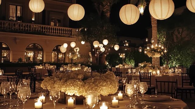 Elegant outdoor dining under string lights and paper lanterns