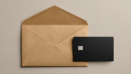 A kraft paper envelope sits beside a sleek, black credit card, both displayed on a neutral background. The card features a visible EMV chip
