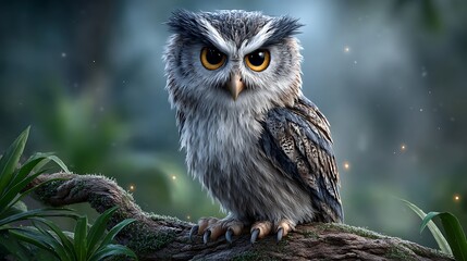 A wise old animated owl perched atop a twisted jungle tree, eyes glowing in the twilight, as fireflies blink below.
