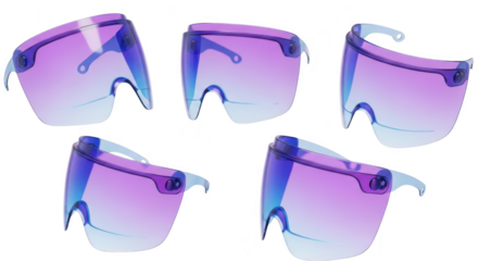 Array of protective face shields isolated on a white backdrop reflecting light and showcasing different angles for safety concept