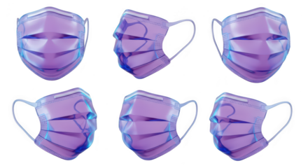 Six angled views of violet surgical masks isolated on white used to protect against viral spread and to promote hygiene