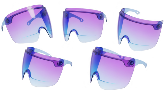 Array of protective face shields isolated on a white backdrop reflecting light and showcasing different angles for safety concept