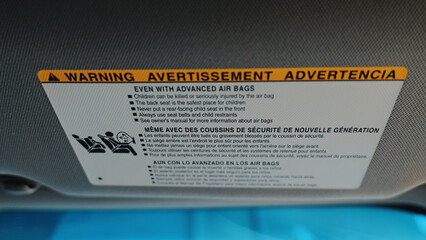 Warning about air bag safety for children in vehicles