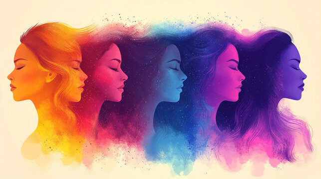 Five diverse women's profiles with colorful flowing hair on light background - Powered by Adobe